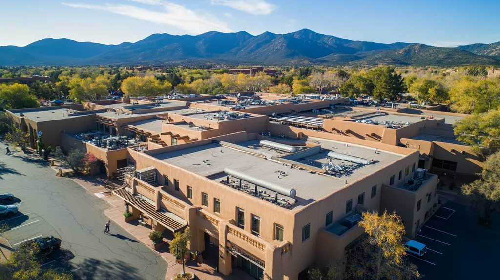 A commercial roof on a mid-rise in a location similar to Santa Fe with a color highlight aesthetic (AI image)
