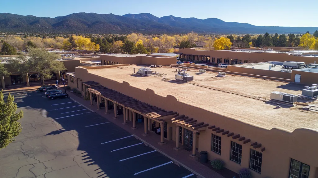A commercial roof on a mid-rise in a location similar to Santa Fe with a color highlight aesthetic (AI image)