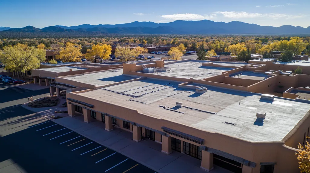 A commercial roof on a mid-rise in a location similar to Santa Fe with a color highlight aesthetic (AI image)