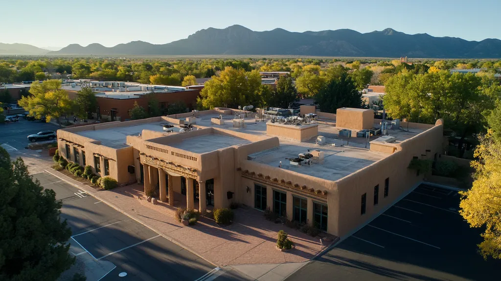 A commercial roof on a mid-rise in a location similar to Santa Fe with a color highlight aesthetic (AI image)
