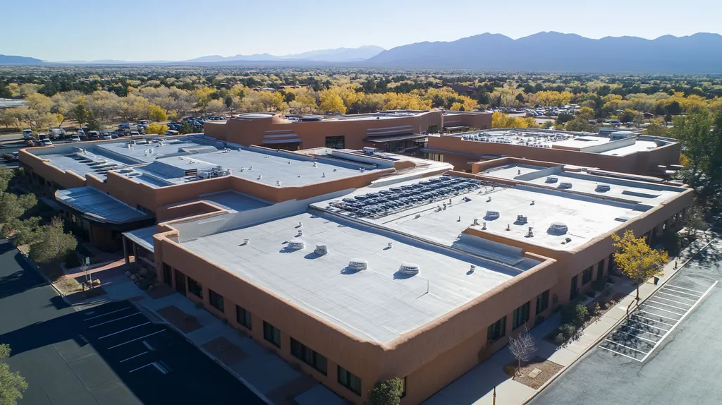 A commercial roof on a mid-rise in a location similar to Santa Fe with a futuristic aesthetic (AI image)