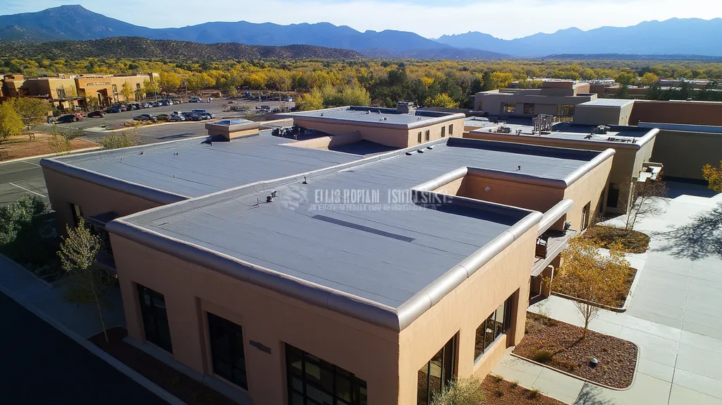 A commercial roof on a mid-rise building in a location similar to Santa Fe with a futuristic aesthetic (AI image)