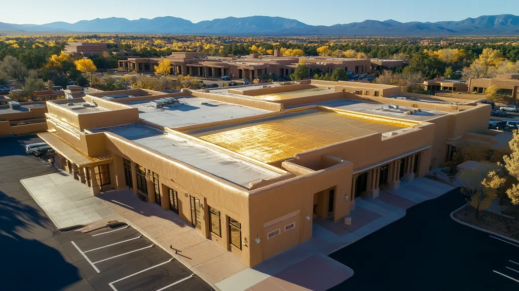 A commercial roof on a mid-rise in a location similar to Santa Fe with a solid gold aesthetic (AI image)
