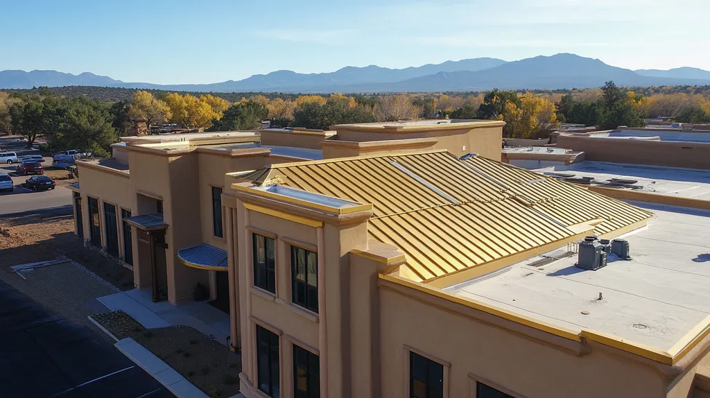A commercial roof on a mid-rise in a location similar to Santa Fe with a solid gold aesthetic (AI image)