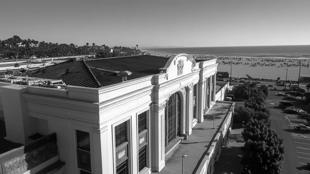 A commercial roof on a mid-rise in a location similar to Santa Monica with a black and white photography aesthetic (AI image)