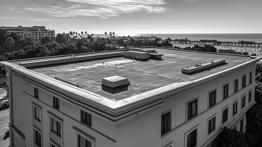 A commercial roof on a mid-rise in a location similar to Santa Monica with a black and white photography aesthetic (AI image)