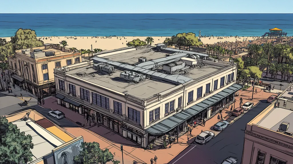 A commercial roof on a mid-rise in a location similar to Santa Monica with a comic book style aesthetic (AI image)