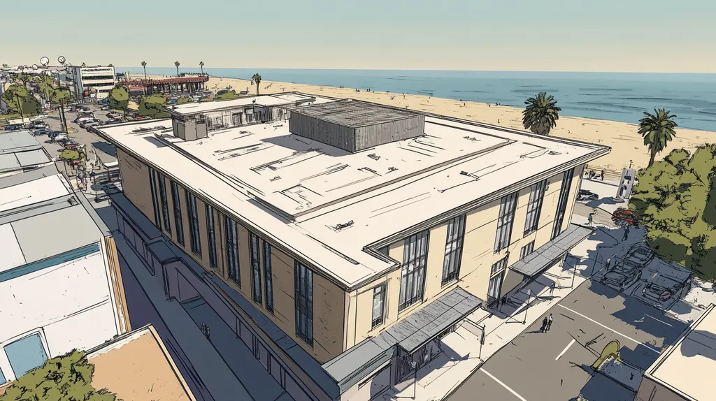 A commercial roof on a mid-rise in a location similar to Santa Monica with a comic book style aesthetic (AI image)