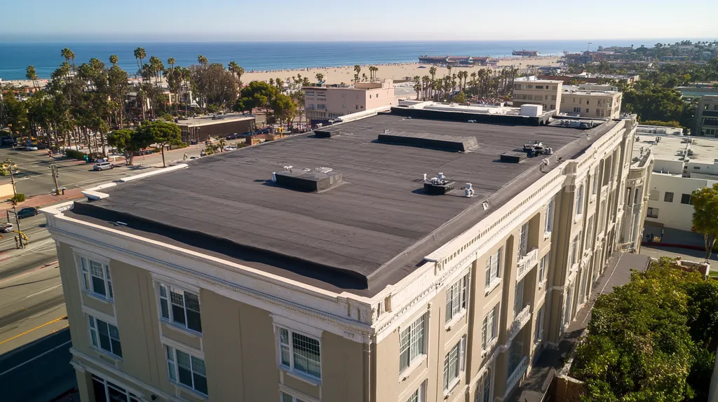 A commercial roof on a mid-rise in a location similar to Santa Monica with an urban context aesthetic (AI image)