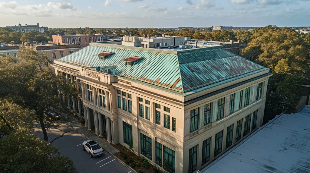 A commercial roof on a mid-rise in a location similar to Savannah with a stained glass style aesthetic (AI image)