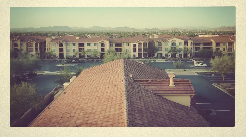 A commercial roof on a mid-rise in a location similar to Scottsdale with a Polaroid aesthetic (AI image)