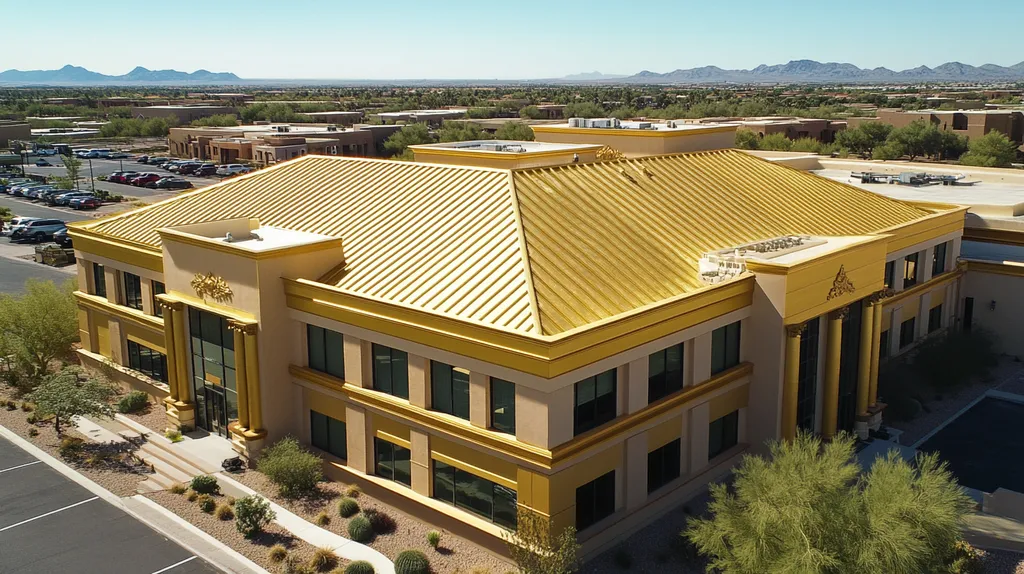 A commercial roof on a mid-rise in a location similar to Scottsdale with a solid gold aesthetic (AI image)