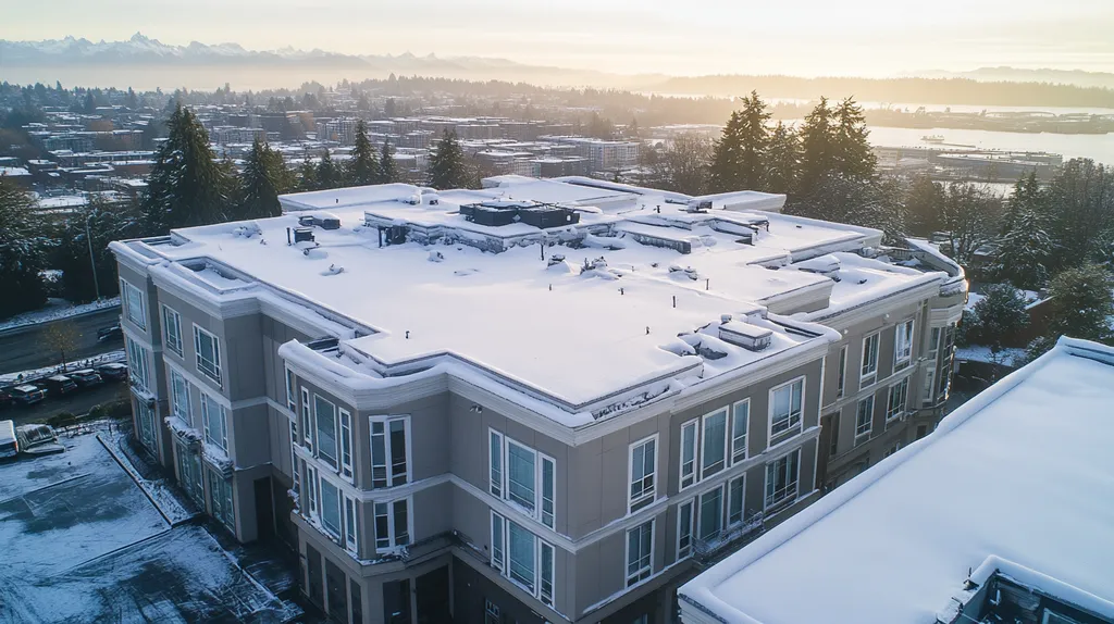 A commercial roof on a mid-rise in a location similar to Seattle with a snowy day aesthetic (AI image)