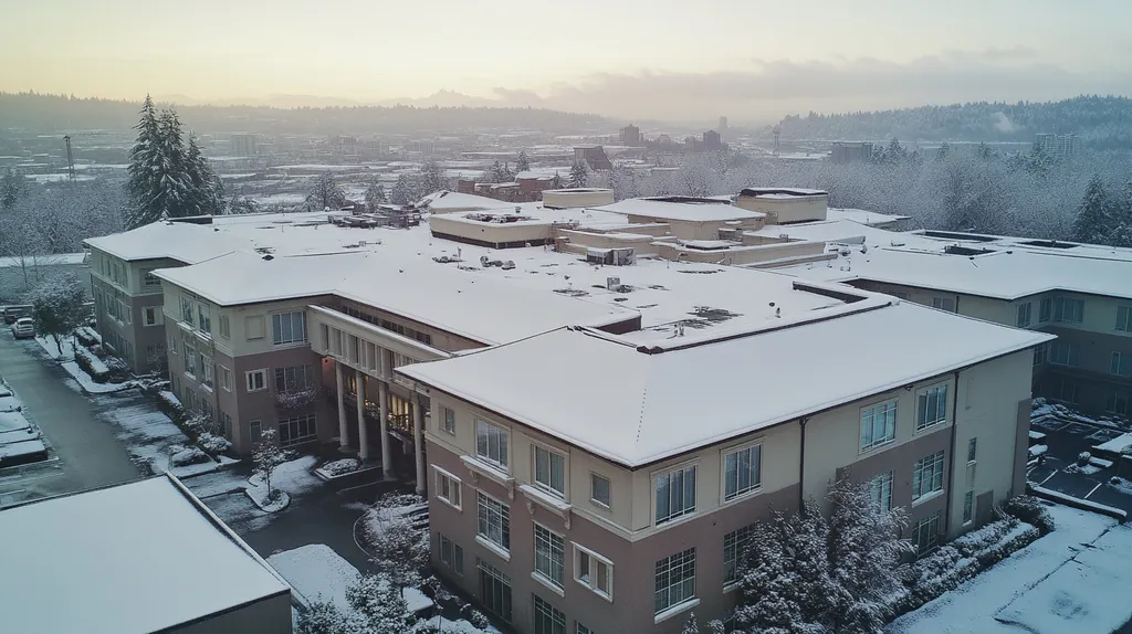 A commercial roof on a mid-rise in a location similar to Seattle with a snowy day aesthetic (AI image)