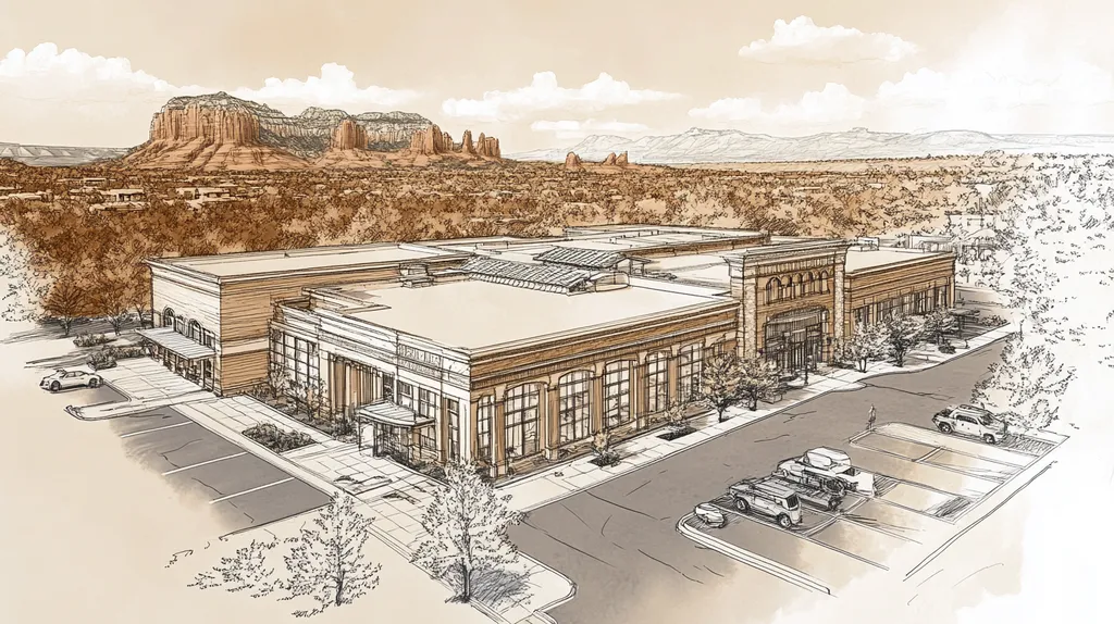 A commercial roof on a mid-rise in a location similar to Sedona with an architectural sketch rendering aesthetic (AI image)