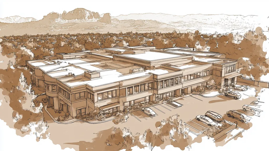 A commercial roof on a mid-rise in a location similar to Sedona with an architectural sketch rendering aesthetic (AI image)