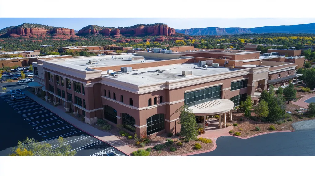 A commercial roof on a mid-rise in a location similar to Sedona with a color highlight aesthetic (AI image)