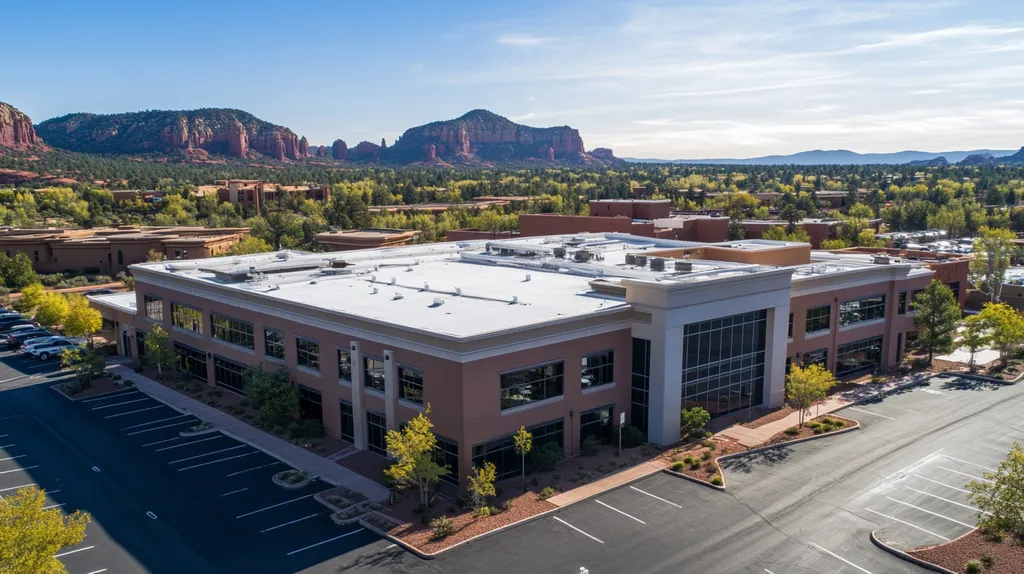 A commercial roof on a mid-rise building in a location similar to Sedona with a color highlight aesthetic (AI image)