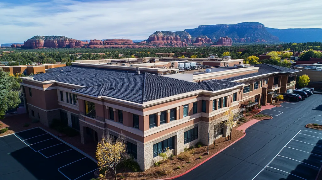 A commercial roof on a mid-rise building in a location similar to Sedona with an urban context aesthetic (AI image)