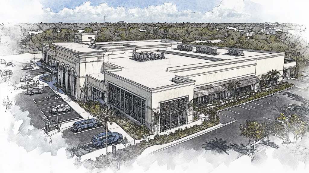 A commercial roof on a mid-rise in a location similar to Tampa with a charcoal sketch aesthetic (AI image)