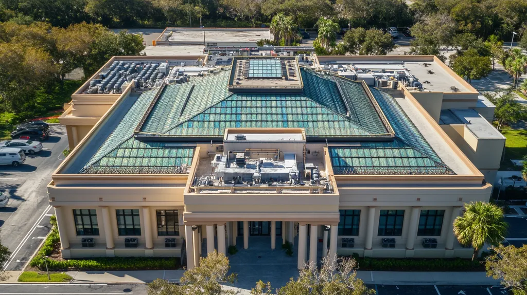A commercial roof on a mid-rise in a location similar to Tampa with a stained glass style aesthetic (AI image)