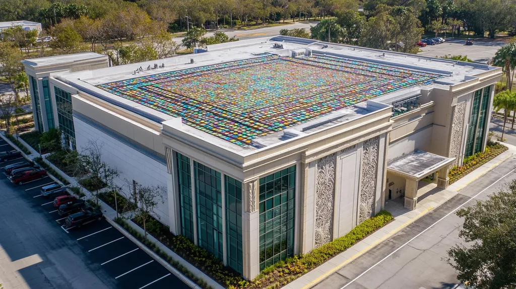 A commercial roof on a mid-rise building in a location similar to Tampa with a stained glass style aesthetic (AI image)