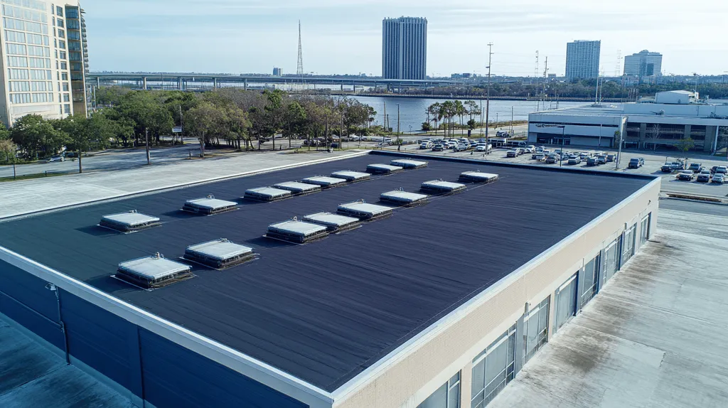 A commercial roof on a post office in a location similar to Jacksonville with an urban context aesthetic (AI image)