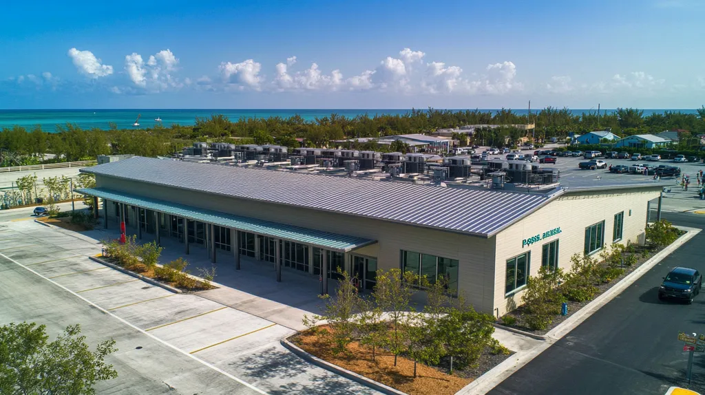 A commercial roof on a post office in a location similar to Key West with an architectural photography aesthetic (AI image)