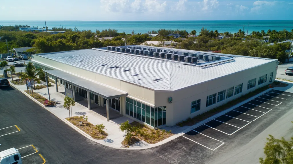 A commercial roof on a post office in a location similar to Key West with an architectural photography aesthetic (AI image)