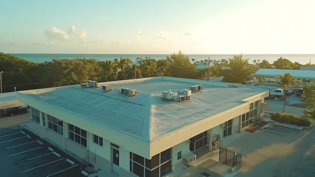 A commercial roof on a post office in a location similar to Key West with a color highlight aesthetic (AI image)
