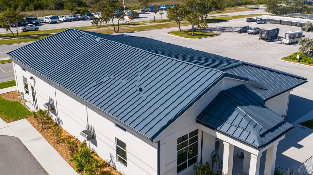 A commercial roof on a post office in a location similar to Key West with a color highlight aesthetic (AI image)