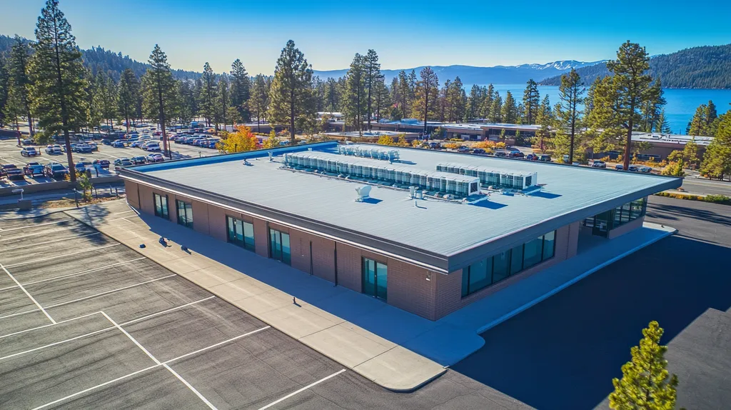 A commercial roof on a post office in a location similar to Lake Tahoe with a cross-processed look aesthetic (AI image)