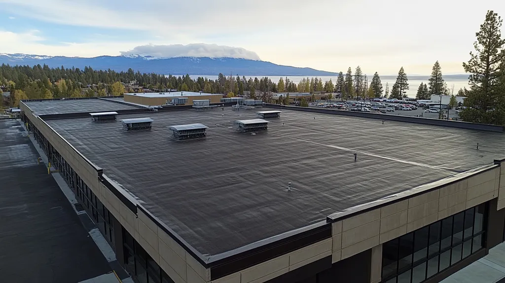 A commercial roof on a post office in a location similar to Lake Tahoe with a rainy day aesthetic (AI image)
