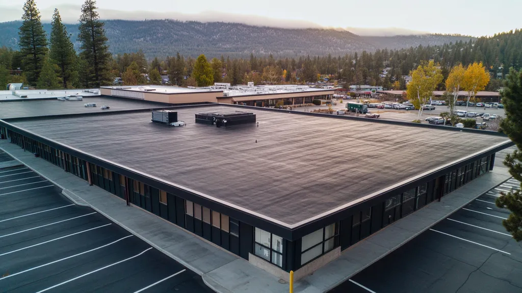 A commercial roof on a post office in a location similar to Lake Tahoe with a rainy day aesthetic (AI image)