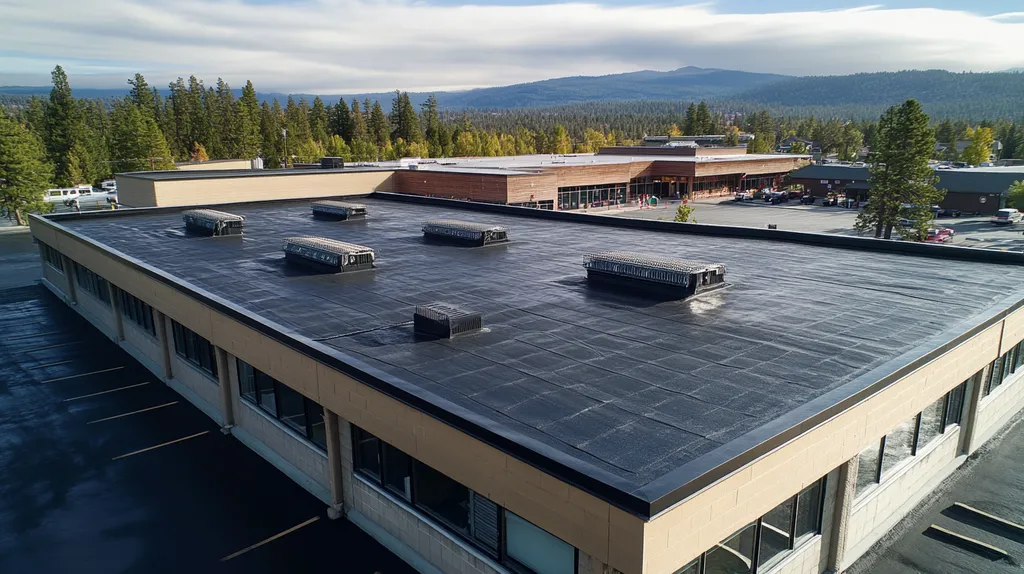 A commercial roof on a post office in a location similar to Lake Tahoe with a rainy day aesthetic (AI image)