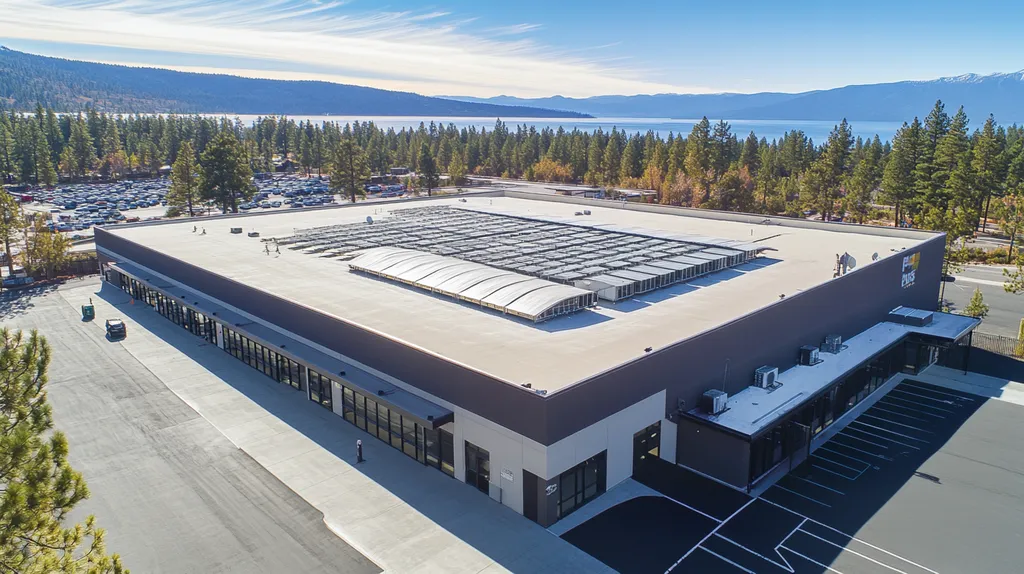 A commercial roof on a post office in a location similar to Lake Tahoe with an urban context aesthetic (AI image)