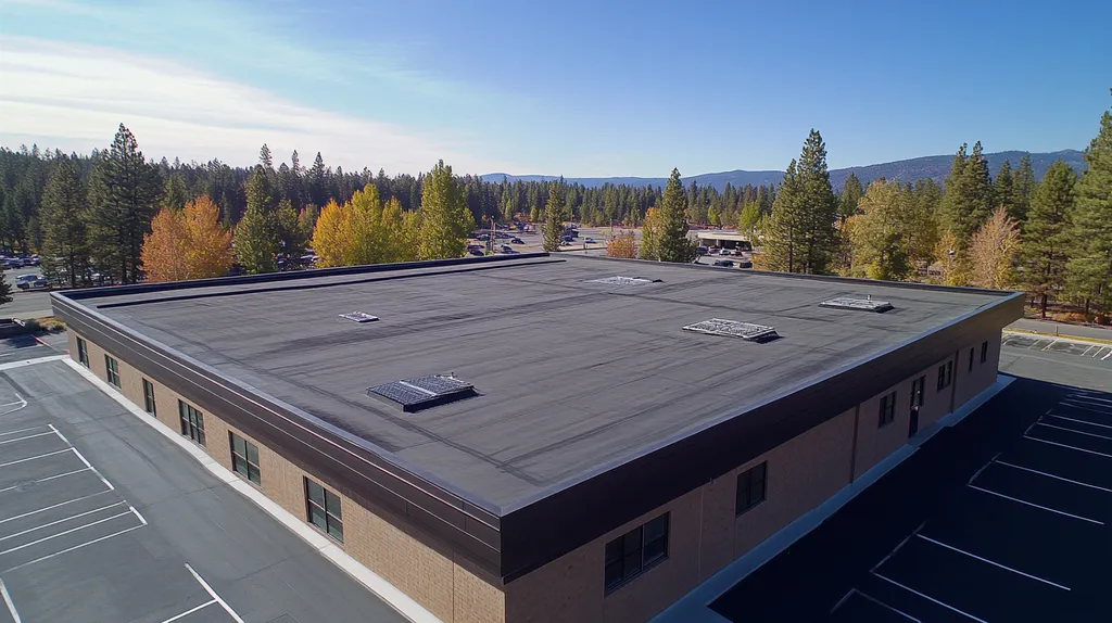 A commercial roof on a post office in a location similar to Lake Tahoe with an urban context aesthetic (AI image)