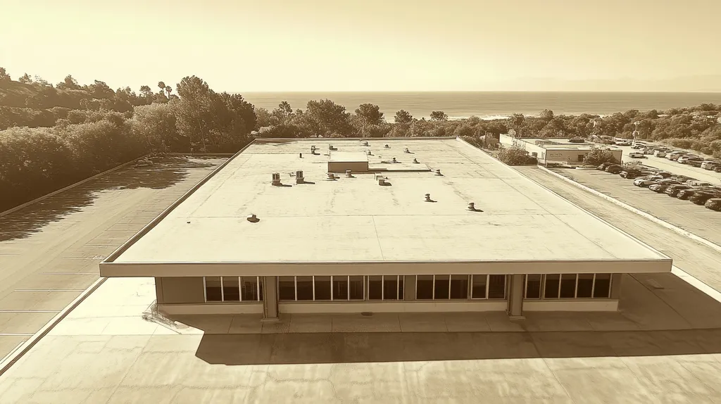 A commercial roof on a post office in a location similar to Malibu with an architectural sketch rendering aesthetic (AI image)