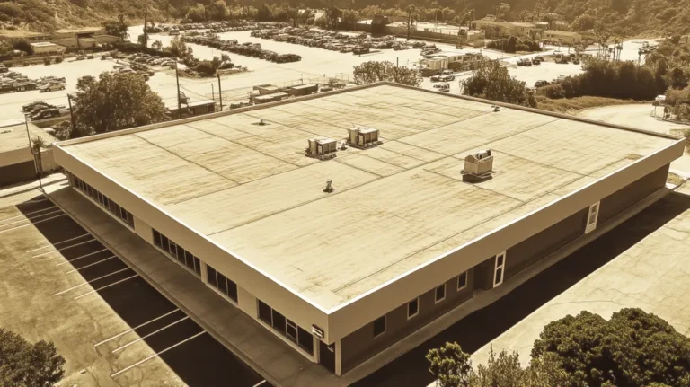 A commercial roof on a post office in a location similar to Malibu with an architectural sketch rendering aesthetic (AI image)