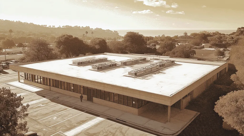 A commercial roof on a post office in a location similar to Malibu with an architectural sketch rendering aesthetic (AI image)