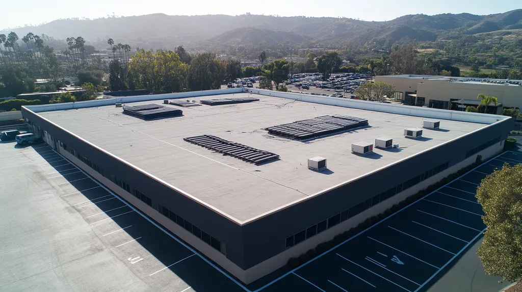 A commercial roof on a post office in a location similar to Malibu with a color highlight aesthetic (AI image)