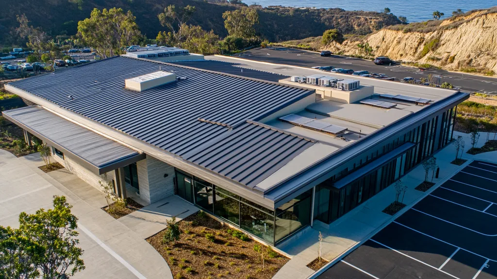 A commercial roof on a post office in a location similar to Malibu with a color highlight aesthetic (AI image)