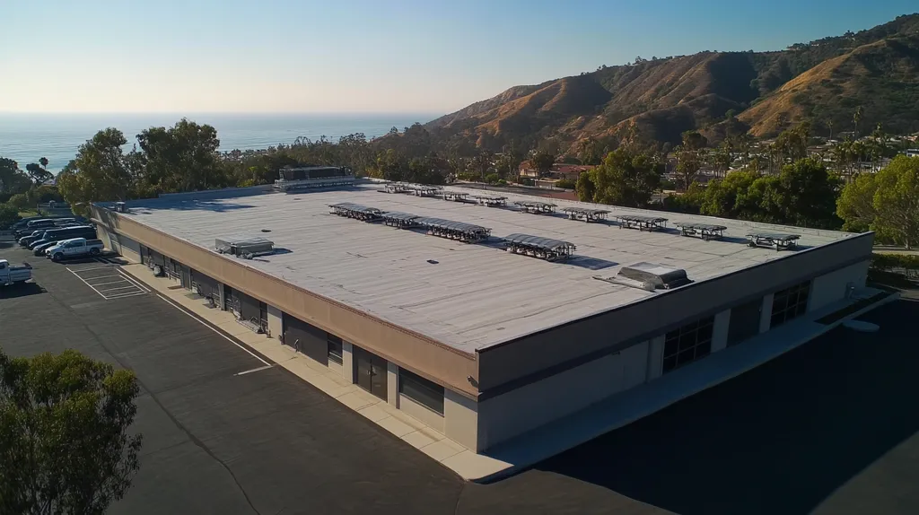 A commercial roof on a post office in a location similar to Malibu with a color highlight aesthetic (AI image)