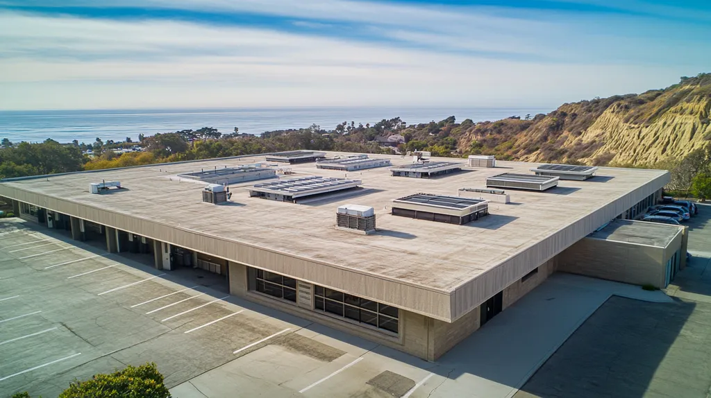 A commercial roof on a post office in a location similar to Malibu with a color highlight aesthetic (AI image)