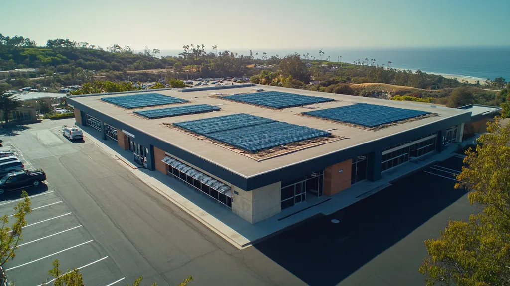 A commercial roof on a post office in a location similar to Malibu with a cross-processed look aesthetic (AI image)