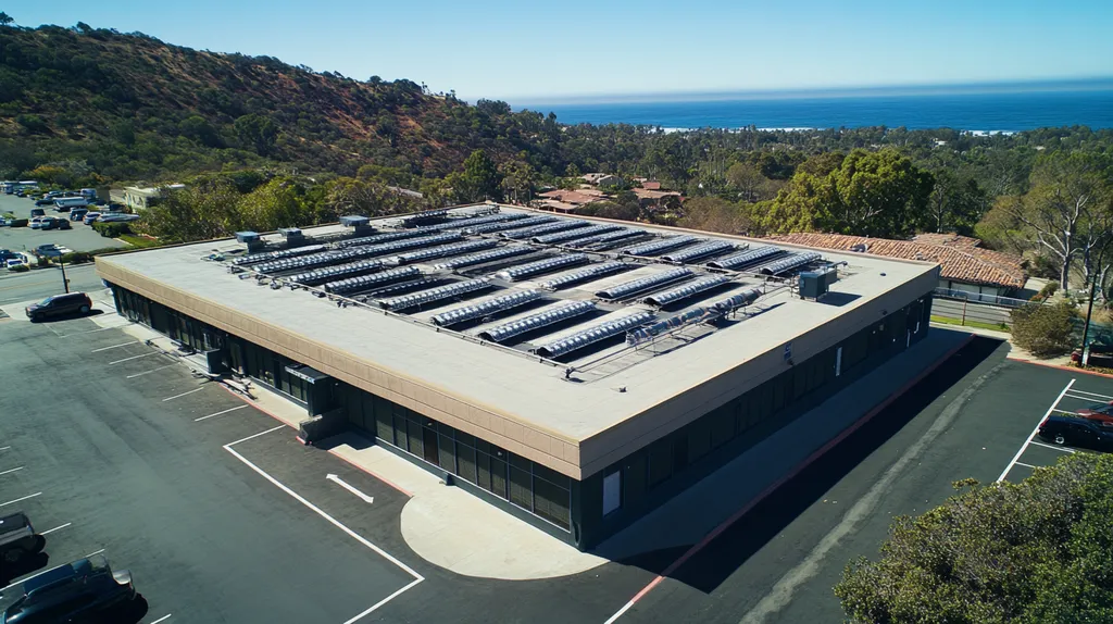 A commercial roof on a post office in a location similar to Malibu with a cross-processed look aesthetic (AI image)