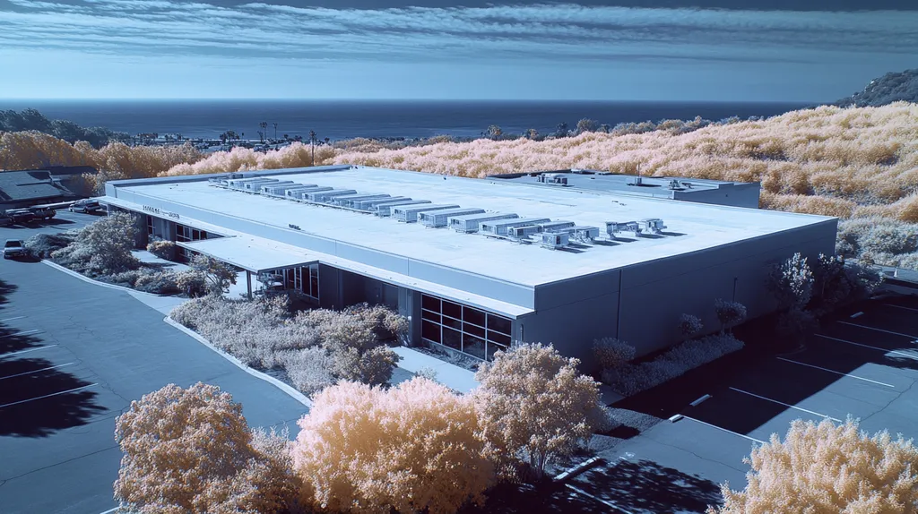 A commercial roof on a post office in a location similar to Malibu with an infrared photography aesthetic (AI image)
