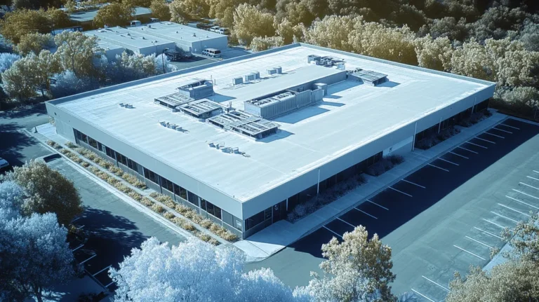A commercial roof on a post office in a location similar to Malibu with an infrared photography aesthetic (AI image)