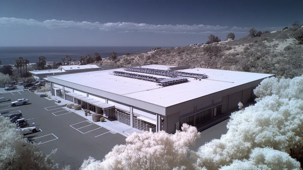 A commercial roof on a post office in a location similar to Malibu with an infrared photography aesthetic (AI image)