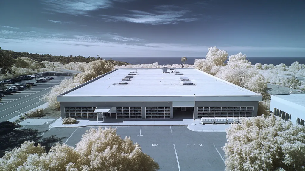 A commercial roof on a post office in a location similar to Malibu with an infrared photography aesthetic (AI image)